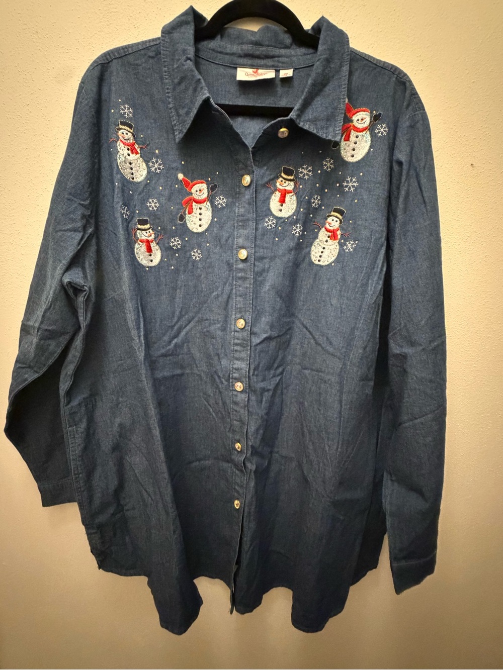 Embroidered Snowman Button-Down Denim Shirt - Blue